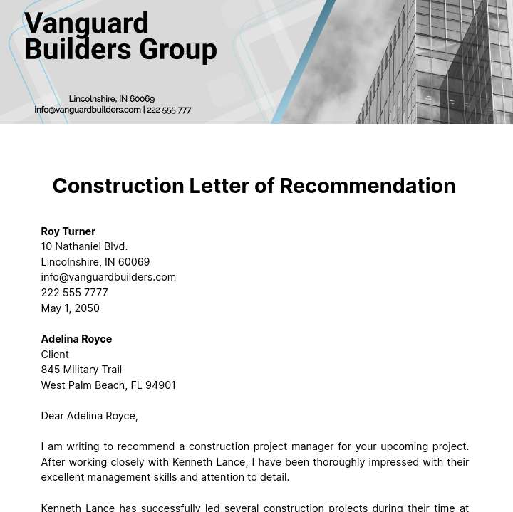 Construction Letter of Recommendation Template
