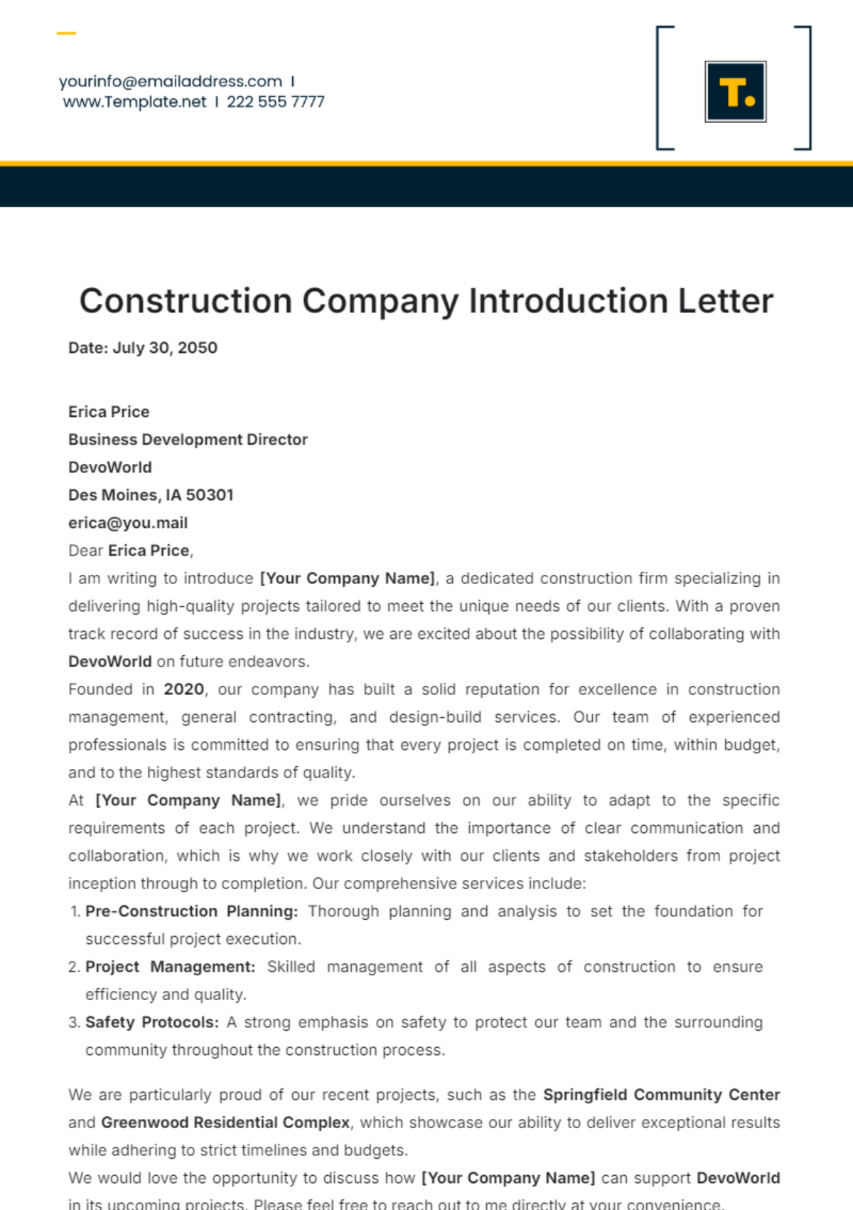 Construction Company Introduction Letter Template - Edit Online & Download