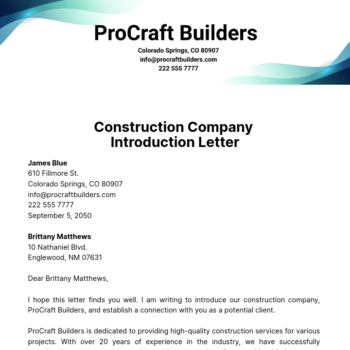 Construction Company Introduction Letter Template