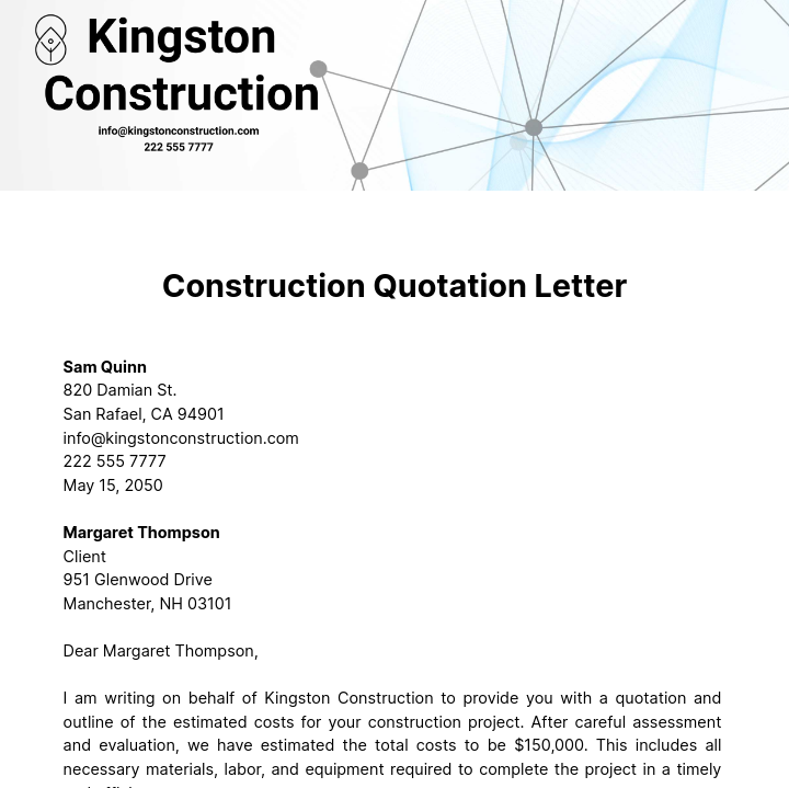 Construction Quotation Letter Template