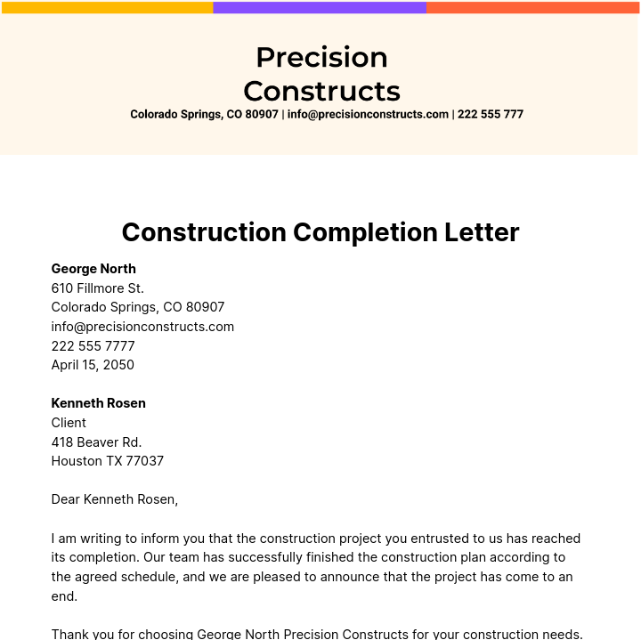 Construction Completion Letter Template