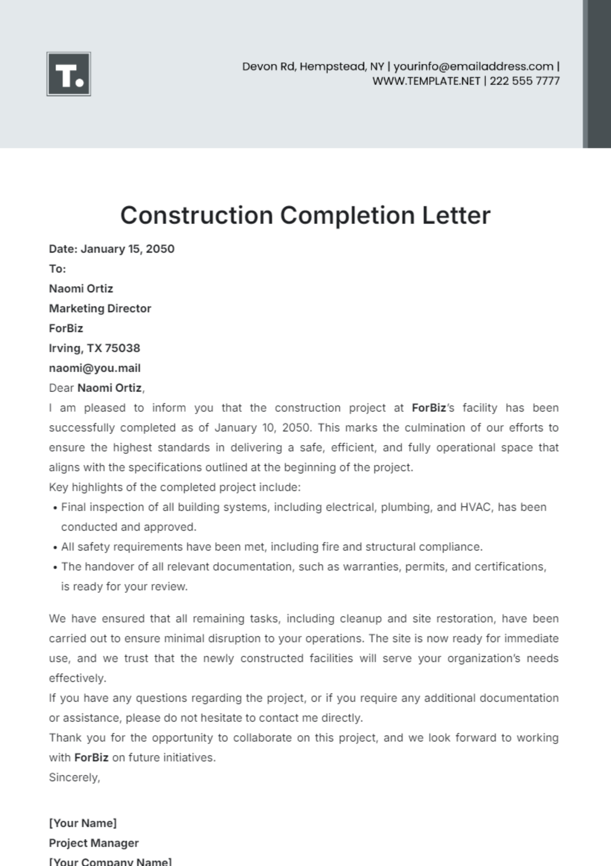 Construction Completion Letter Template - Edit Online & Download