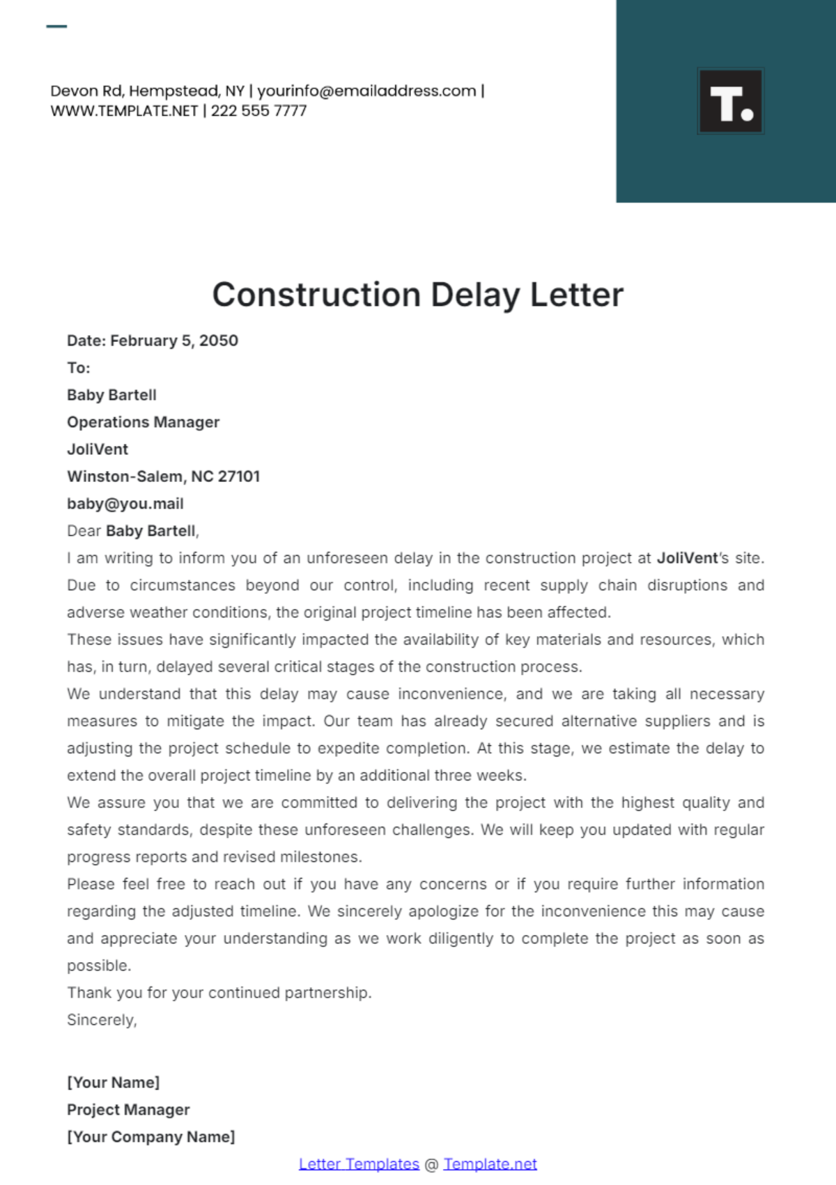 Construction Delay Letter Template - Edit Online & Download