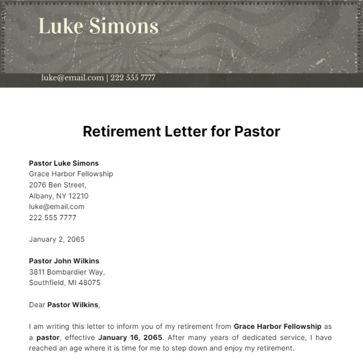 Free Retirement Letter for Pastor Template