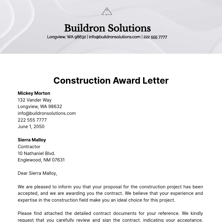 Construction Award Letter Template