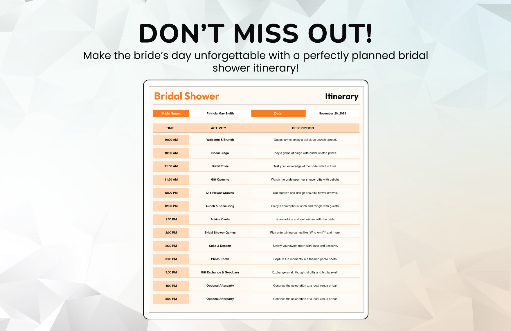 Bridal Shower Itinerary Template