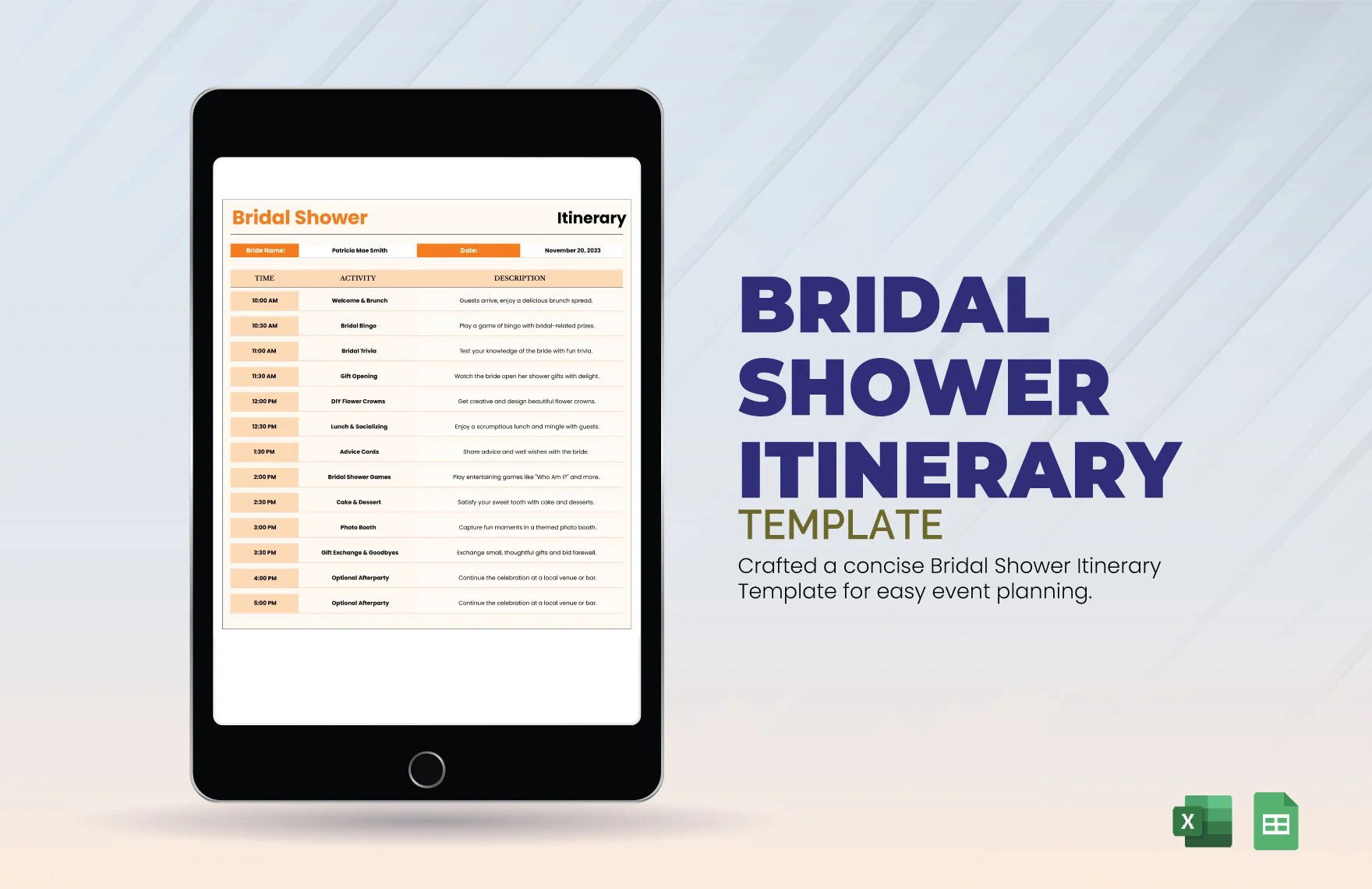 Bridal Shower Itinerary Template in Excel, Google Sheets - Download | Template.net