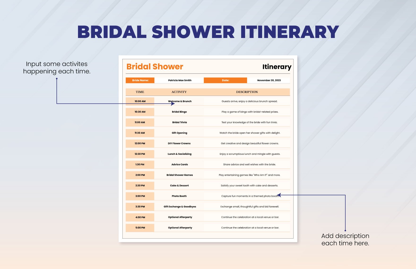 Bridal Shower Itinerary Template
