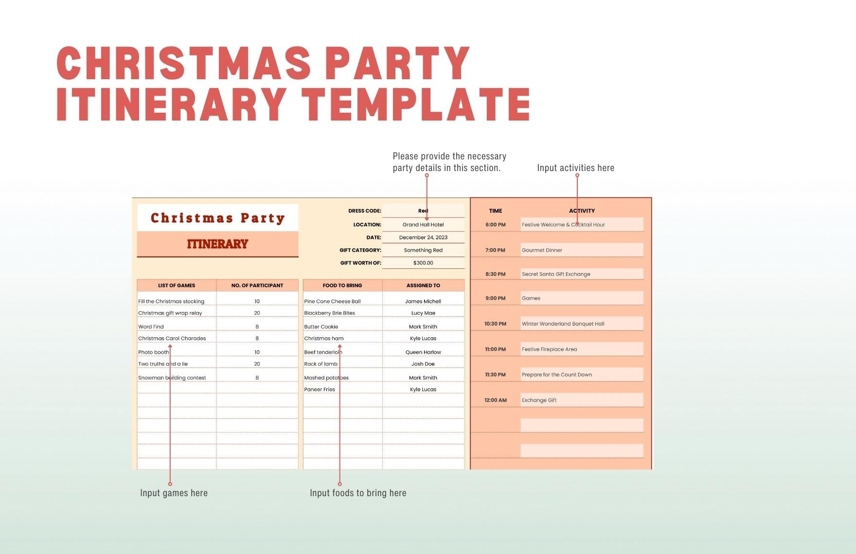 Christmas Party Itinerary Template in Excel Google Sheets Download