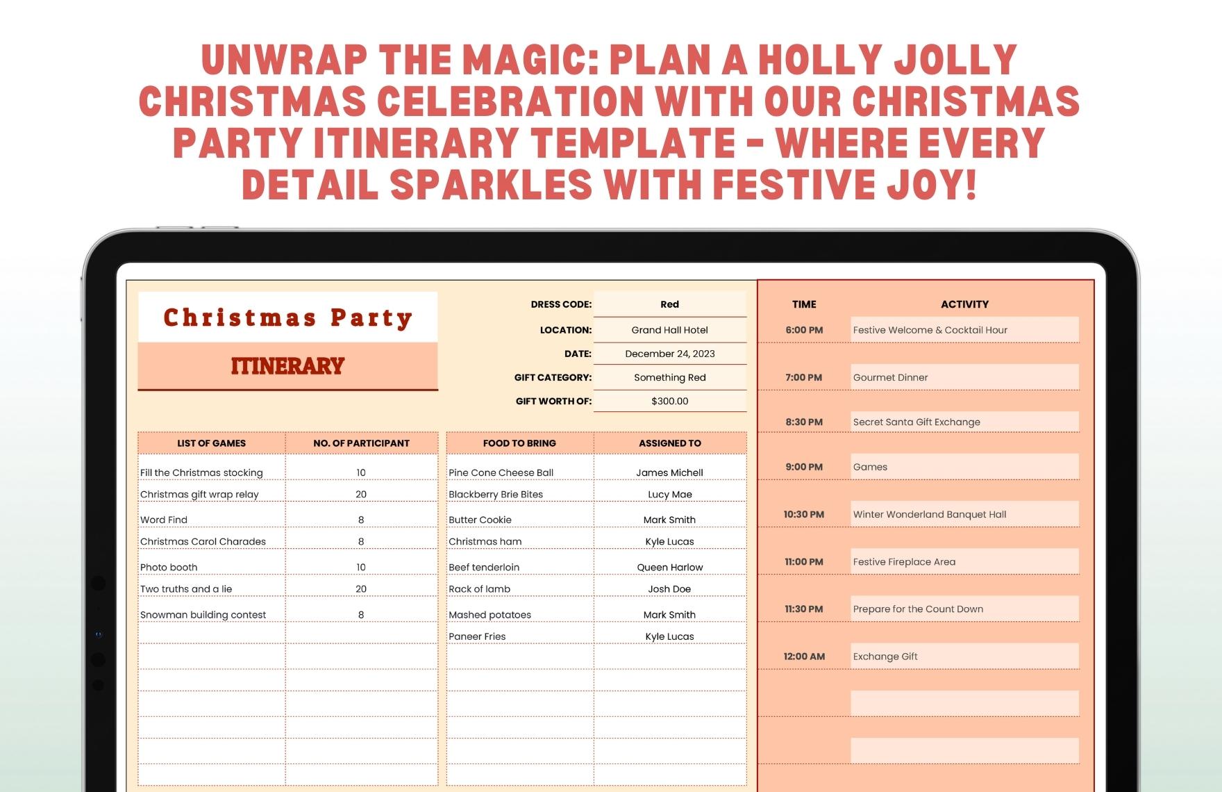 Christmas Party Itinerary Template in Excel Google Sheets Download