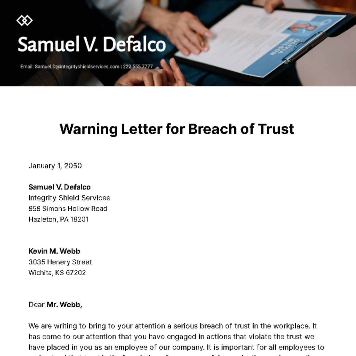 Warning Letter for Breach of Trust Template