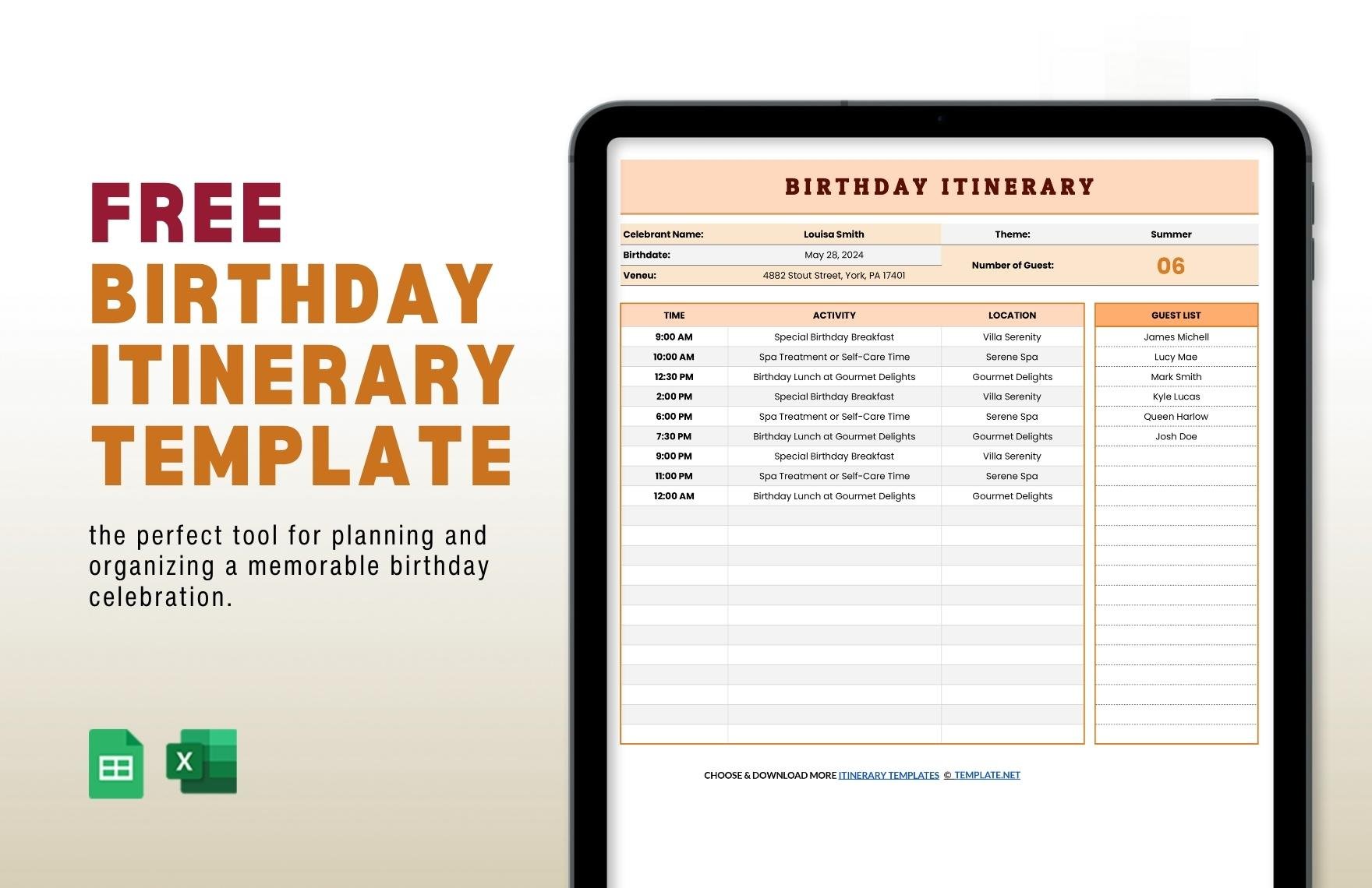 Birthday Itinerary Template