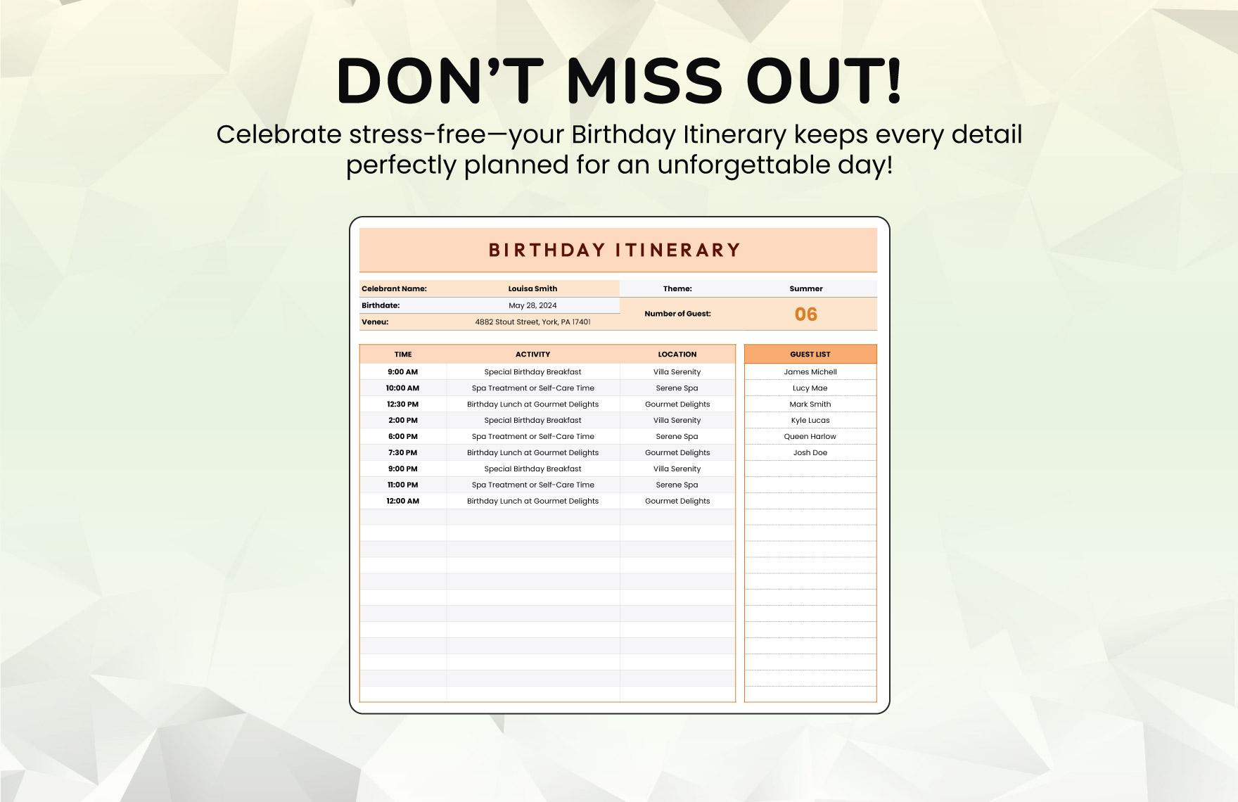 Birthday Itinerary Template