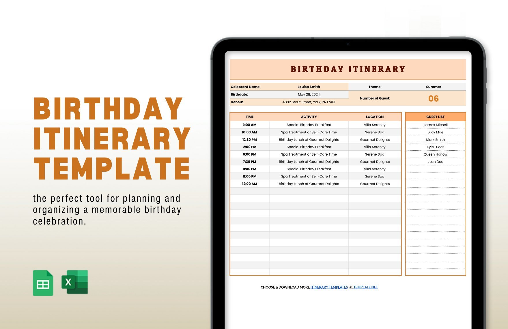 Free Birthday Itinerary Template in Excel, Google Sheets