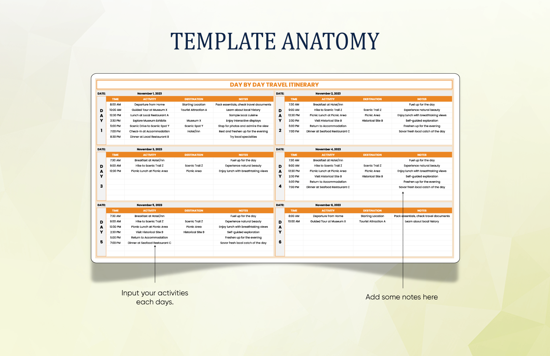 Day by Day Travel Itinerary Template