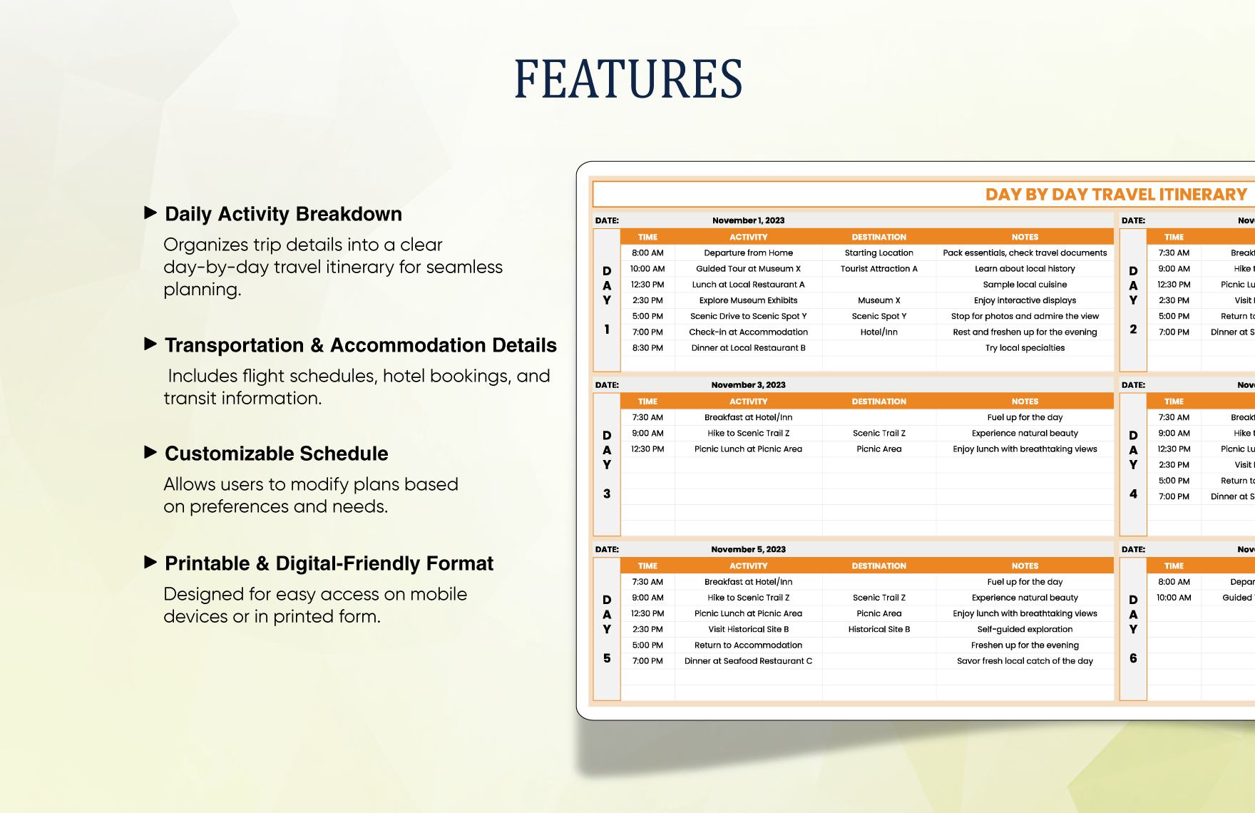Day by Day Travel Itinerary Template