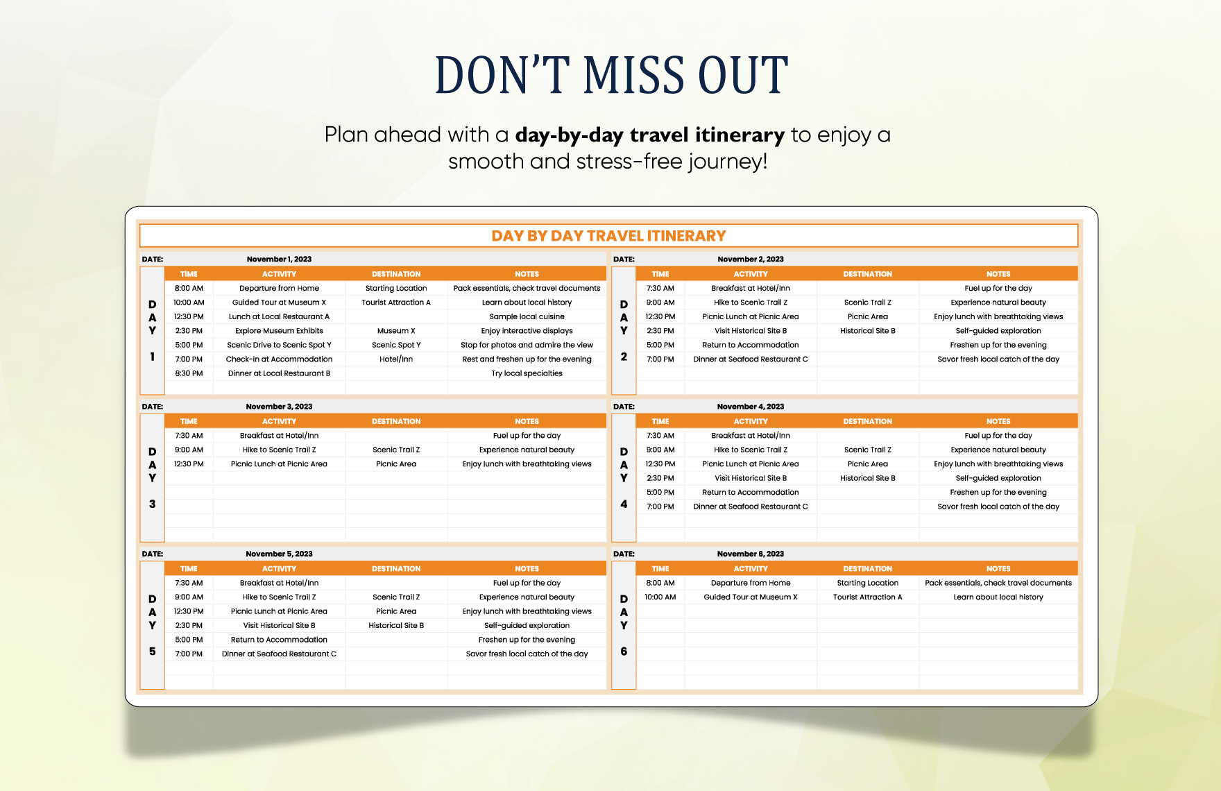Day by Day Travel Itinerary Template