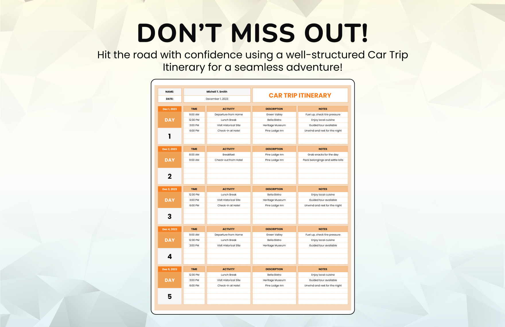 Car Trip Itinerary Template
