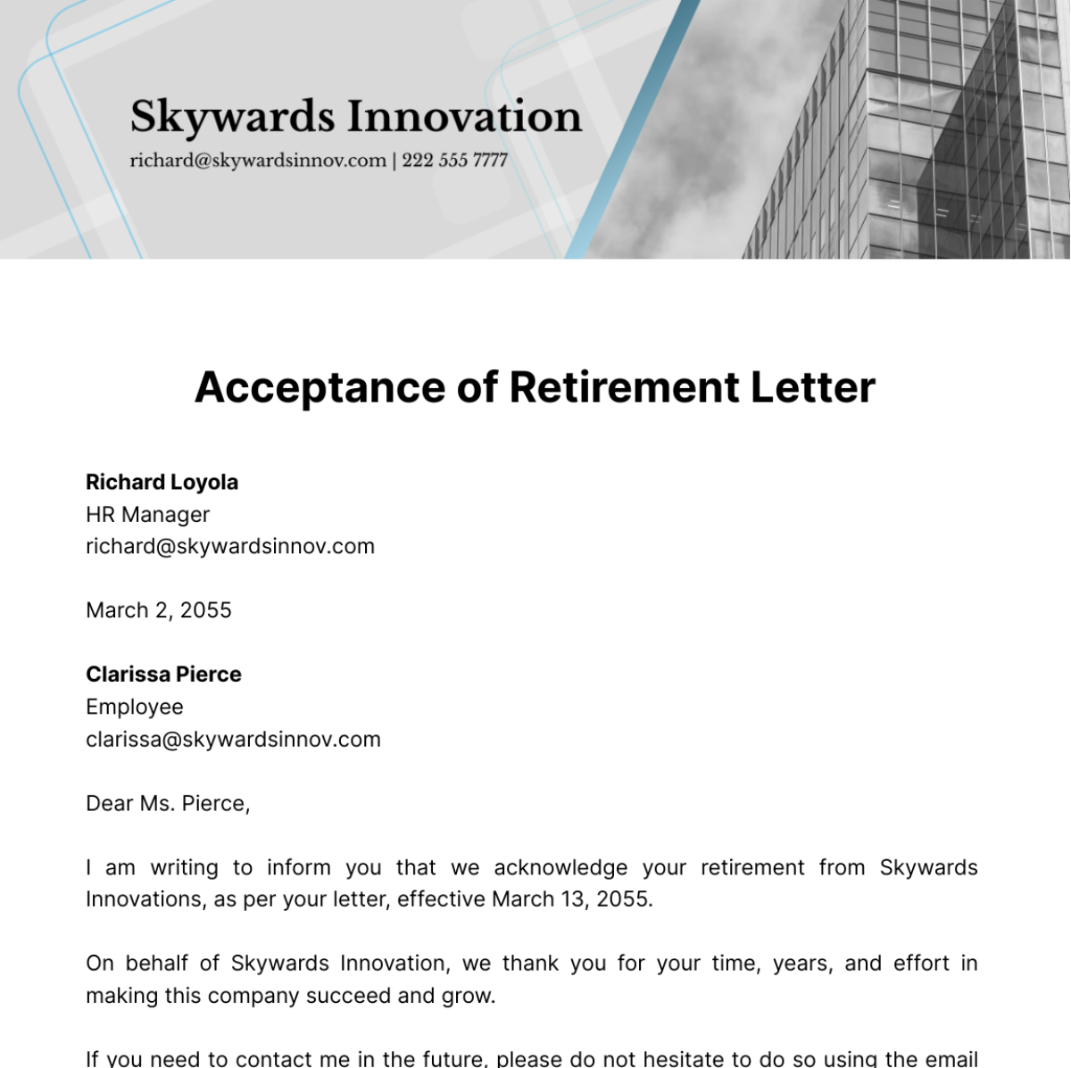 Free Acceptance of Retirement Letter Template