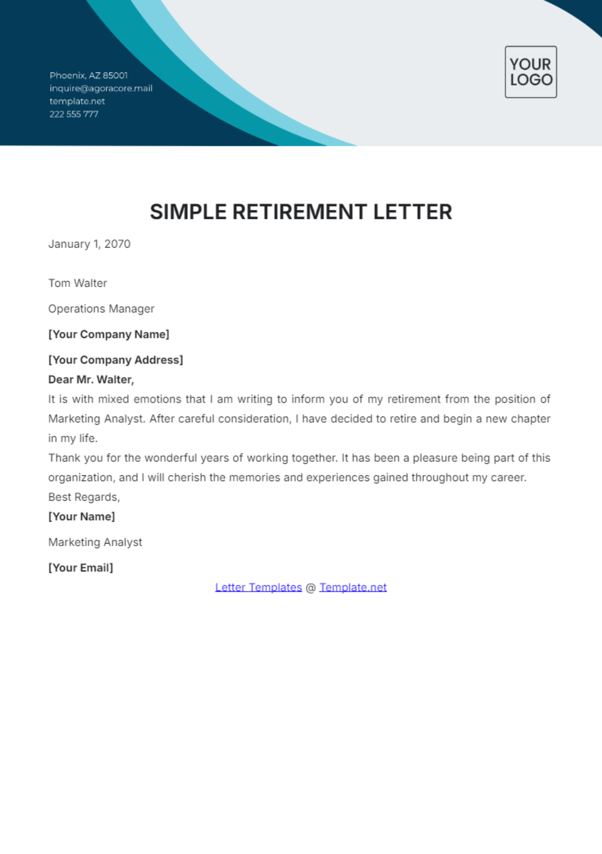 Simple Retirement Letter Template - Edit Online & Download