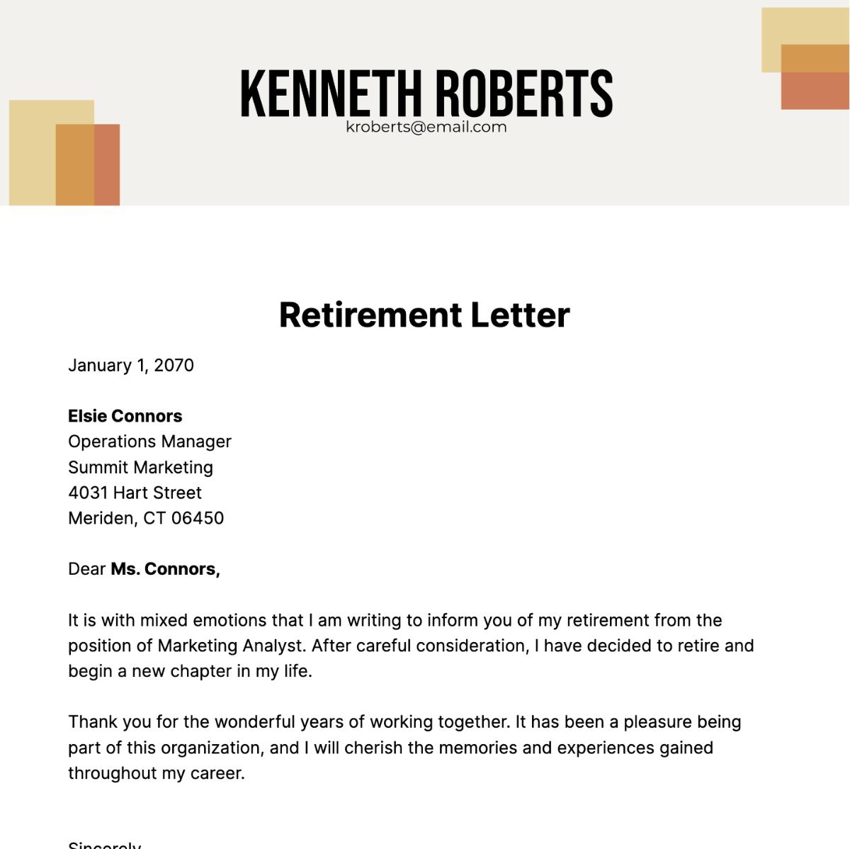 Simple Retirement Letter Template