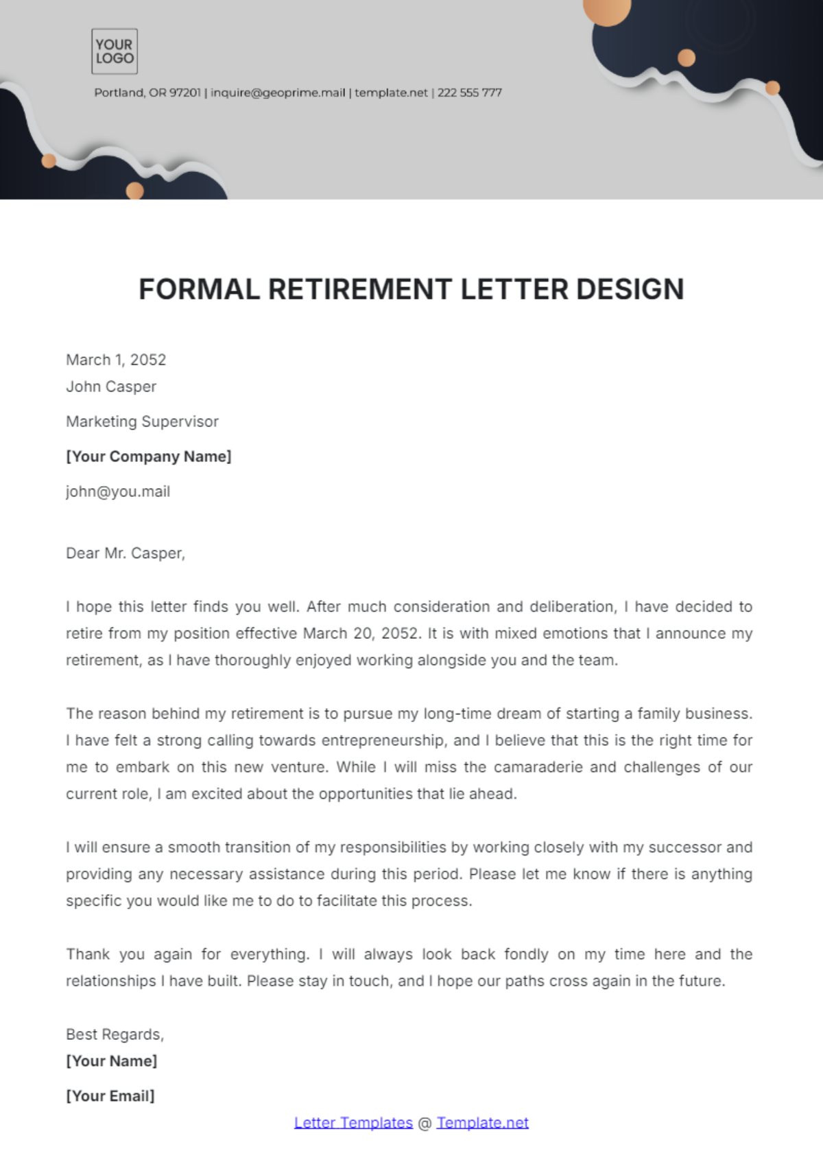 Formal Retirement Letter Design Template - Edit Online & Download