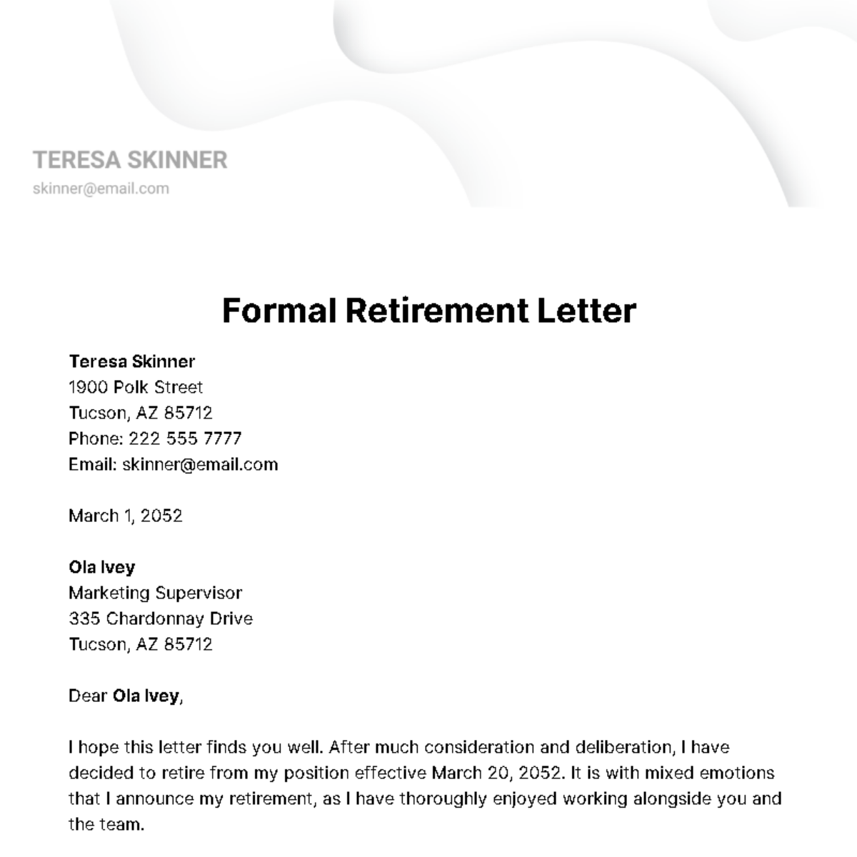 Free Formal Retirement Letter Template