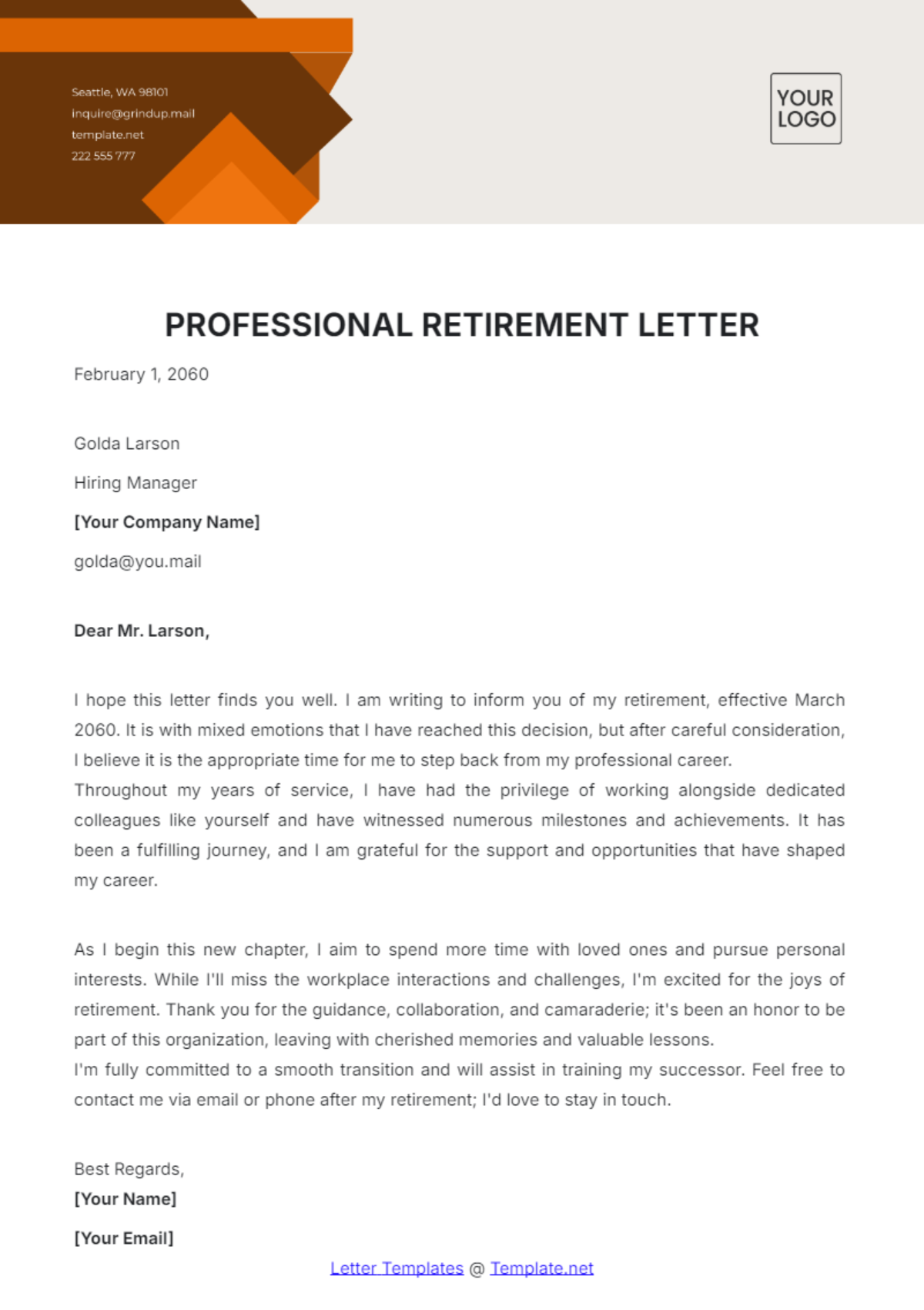 Professional Retirement Letter Template - Edit Online & Download