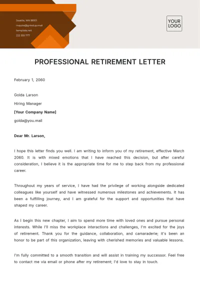 Free Professional Retirement Letter Template to Edit Online