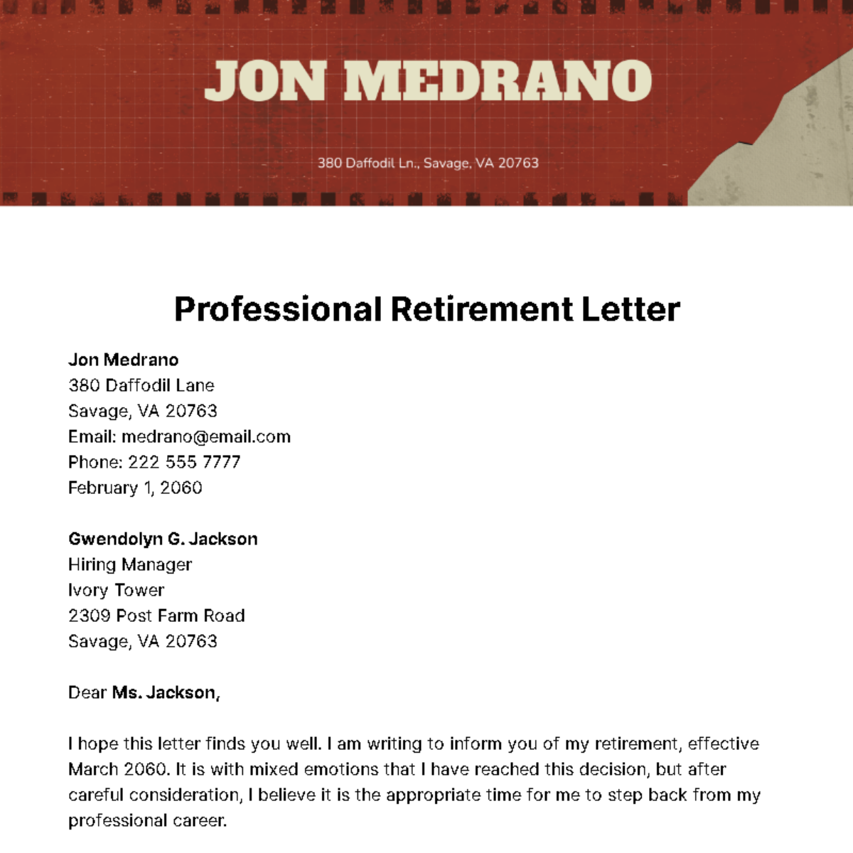 Free Professional Retirement Letter Template