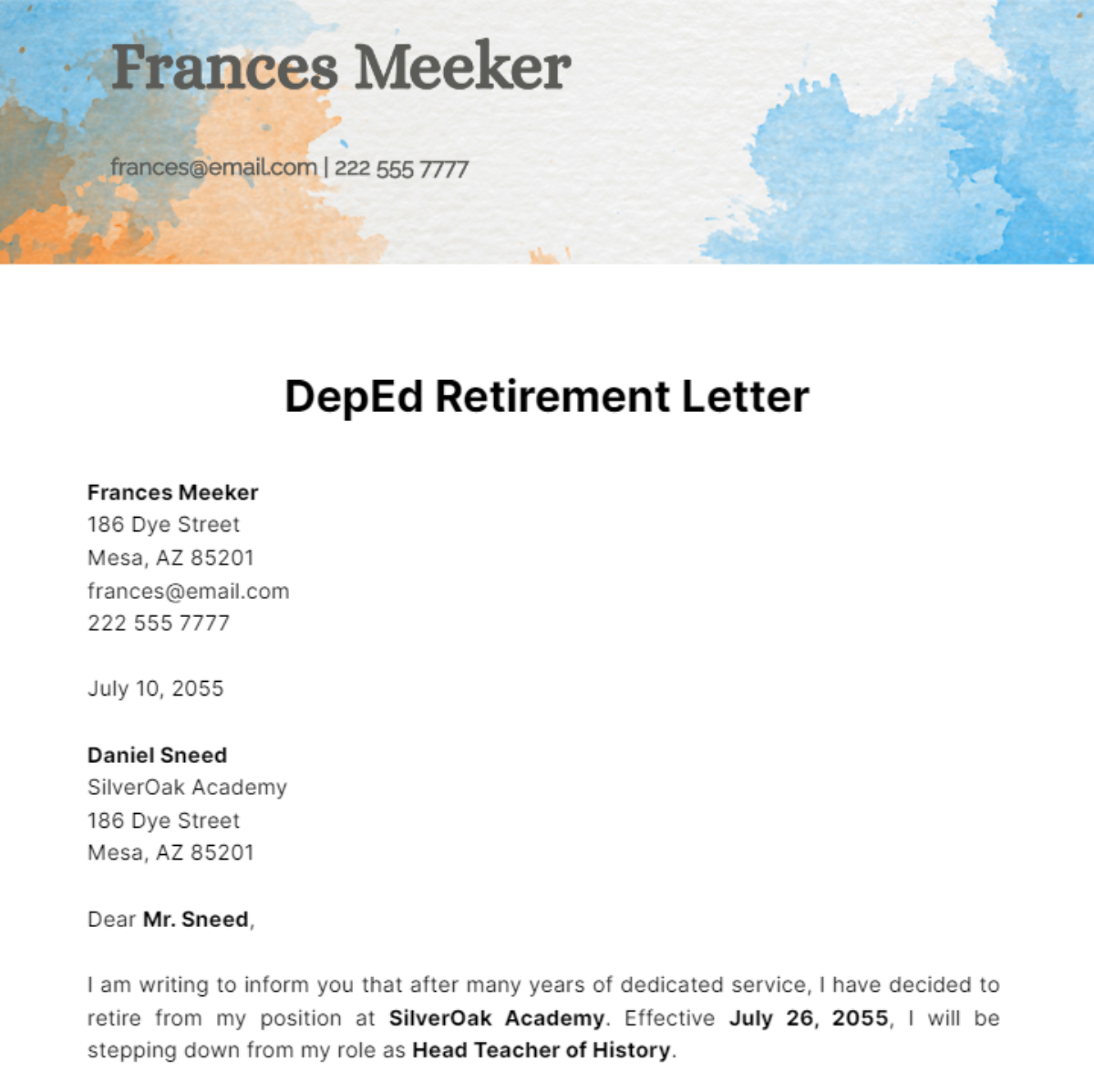DepEd Retirement Letter Template