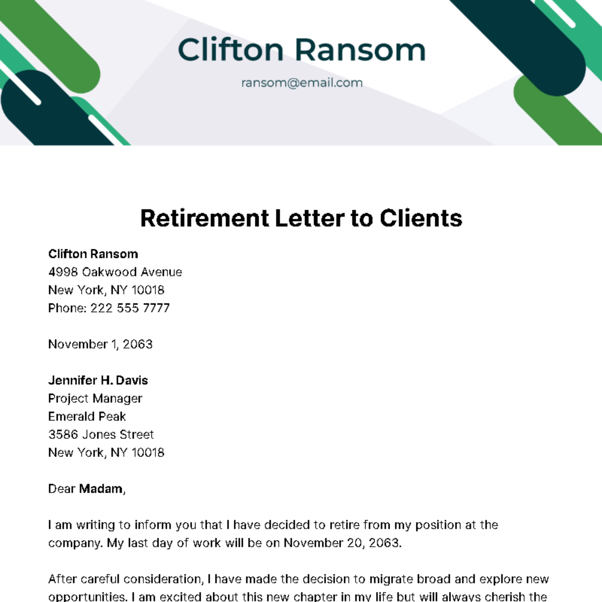 Free Retirement Letter to Clients Template