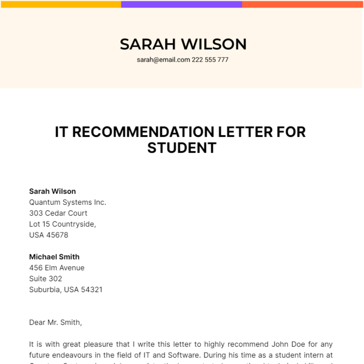 Free IT Recommendation Letter For Student Template