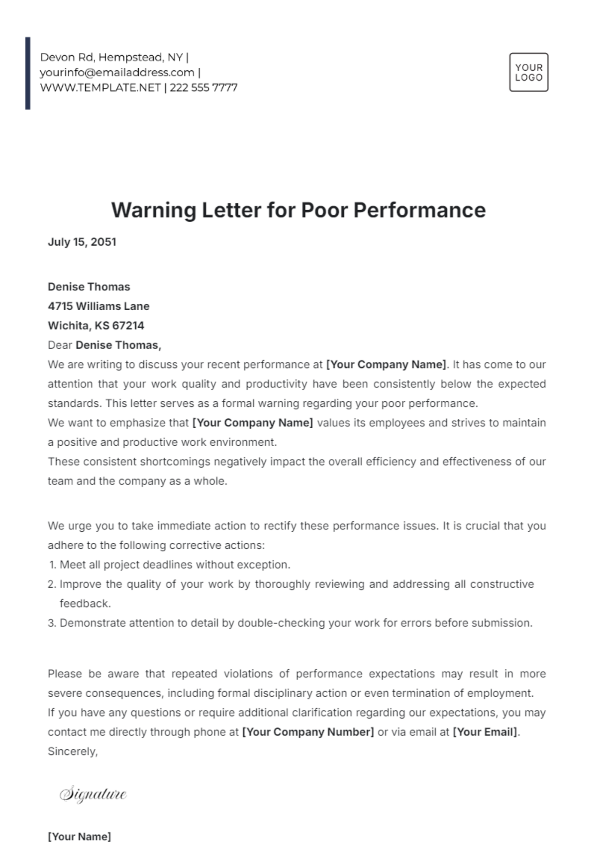 Warning Letter Template for Poor Performance - Edit Online & Download