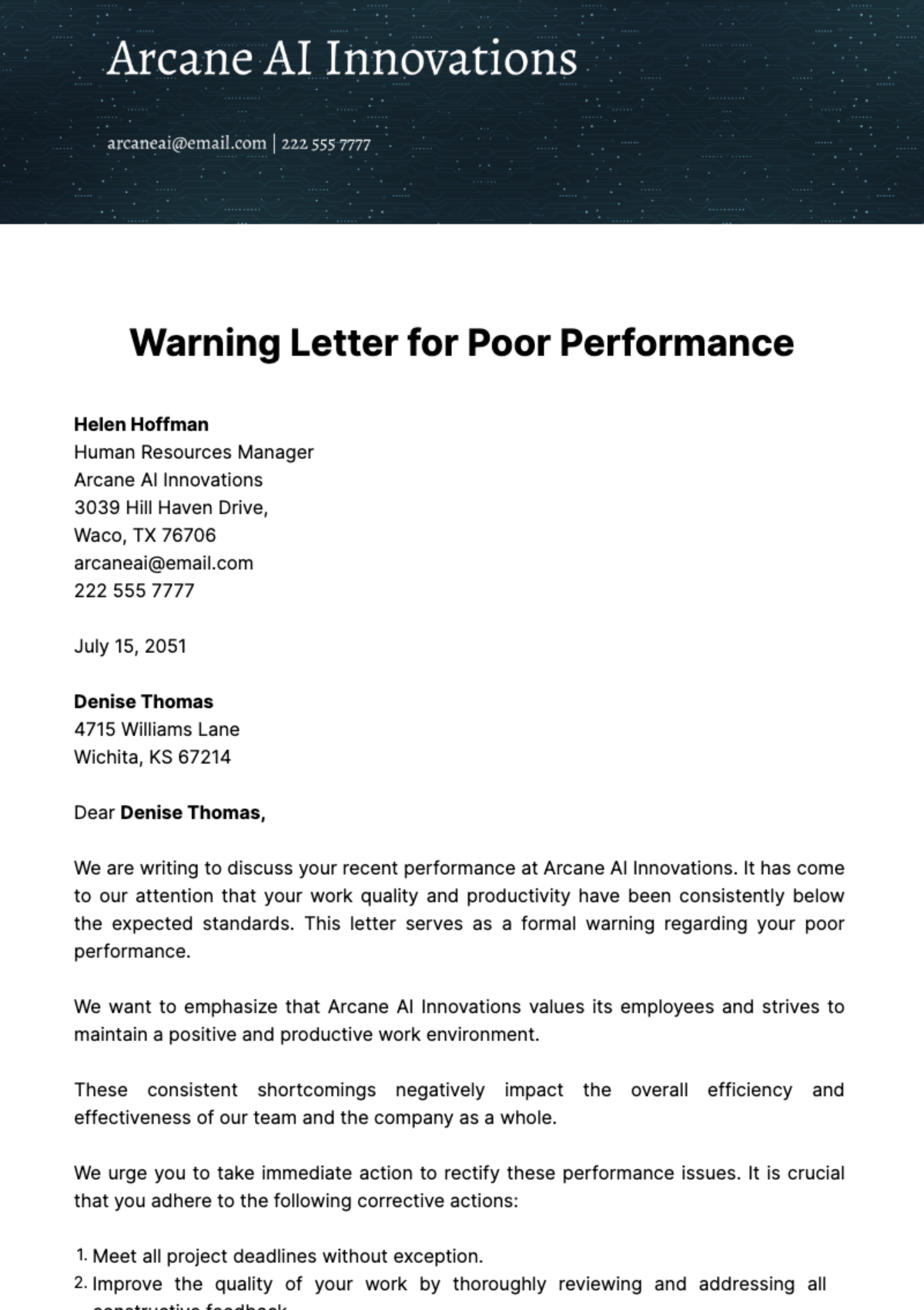 Free Warning Letter for Poor Performance Template