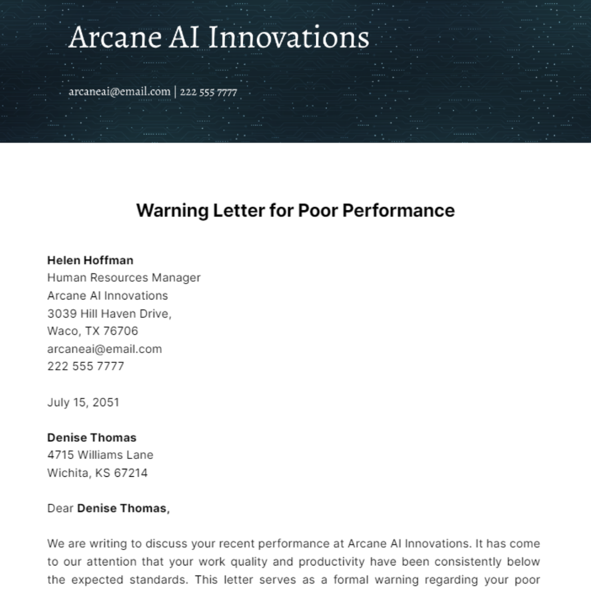 Warning Letter for Poor Performance Template