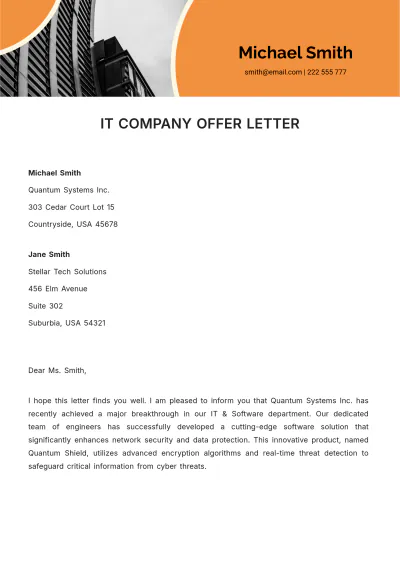 Free IT Company Offer Letter Template to Edit Online