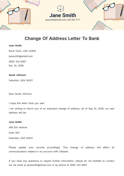 Free Change Of Address Letter To Bank Template to Edit Online