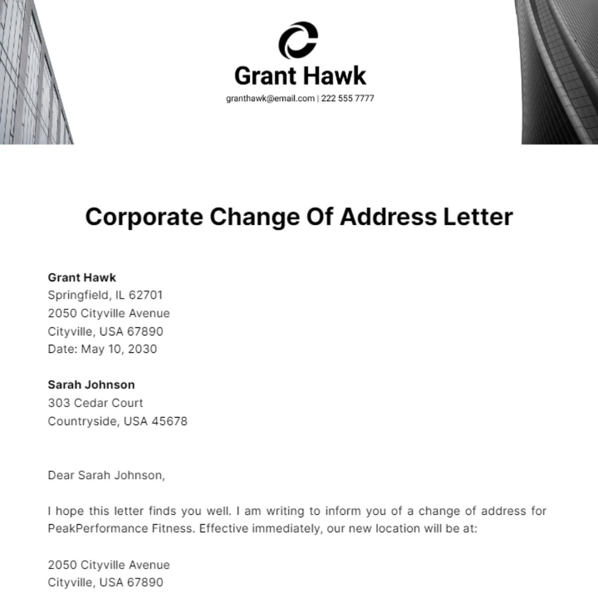 Corporate Change Of Address Letter Template