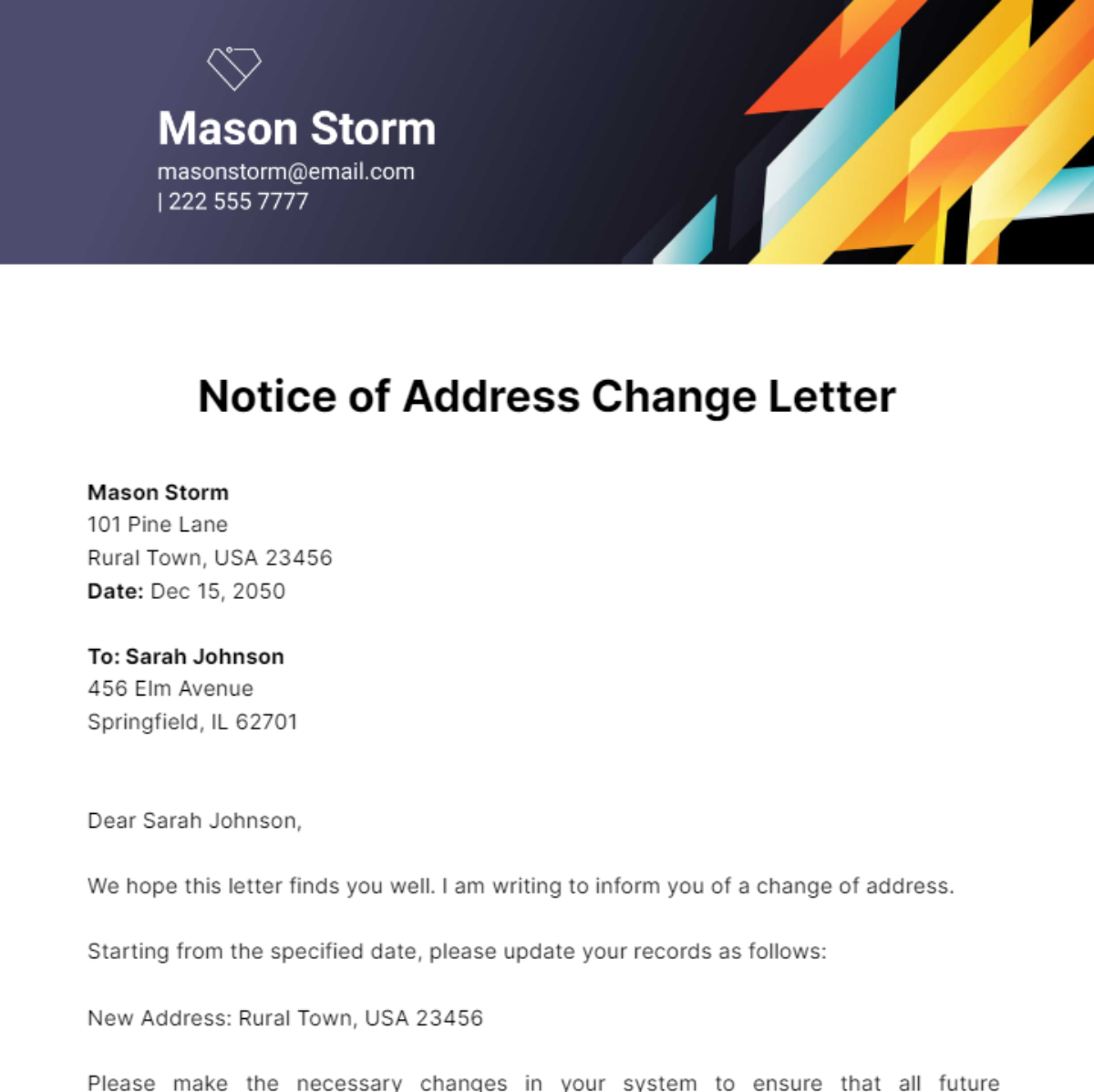 Notice Of Address Change Letter Template