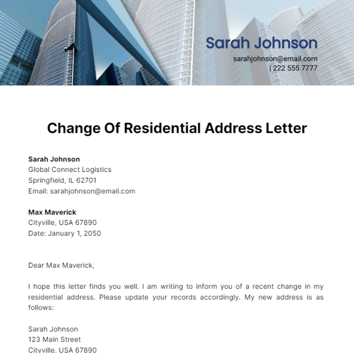 Change Of Residential Address Letter Template