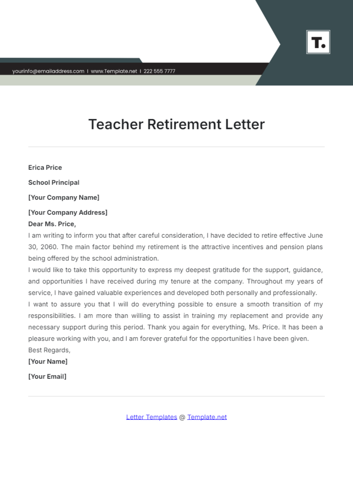 Teacher Retirement Letter Template - Edit Online & Download