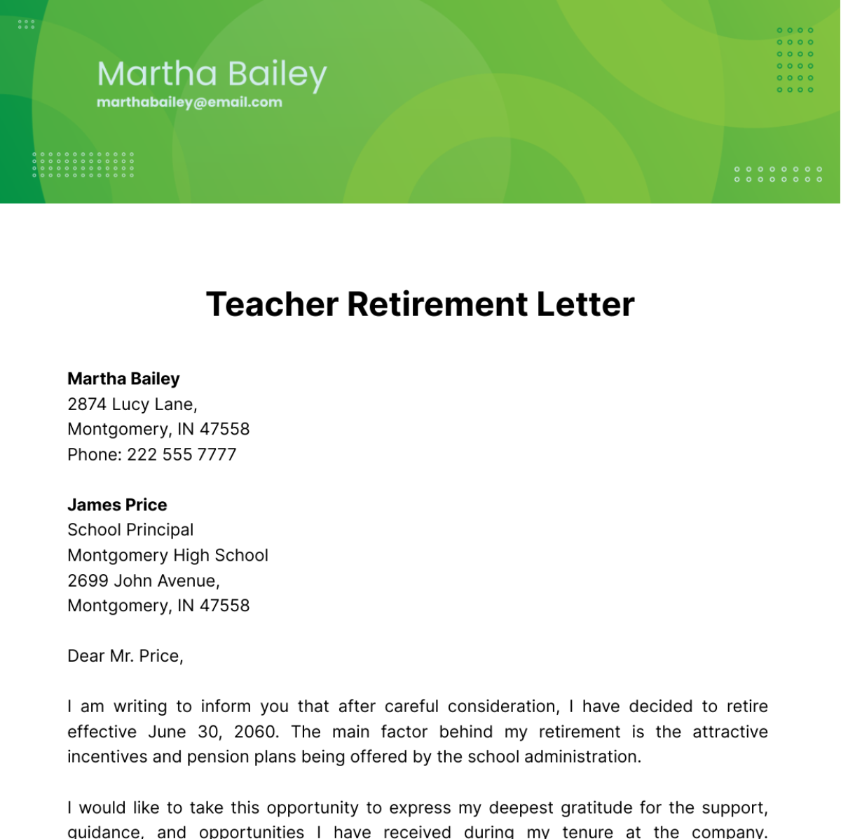 Teacher Retirement Letter Template