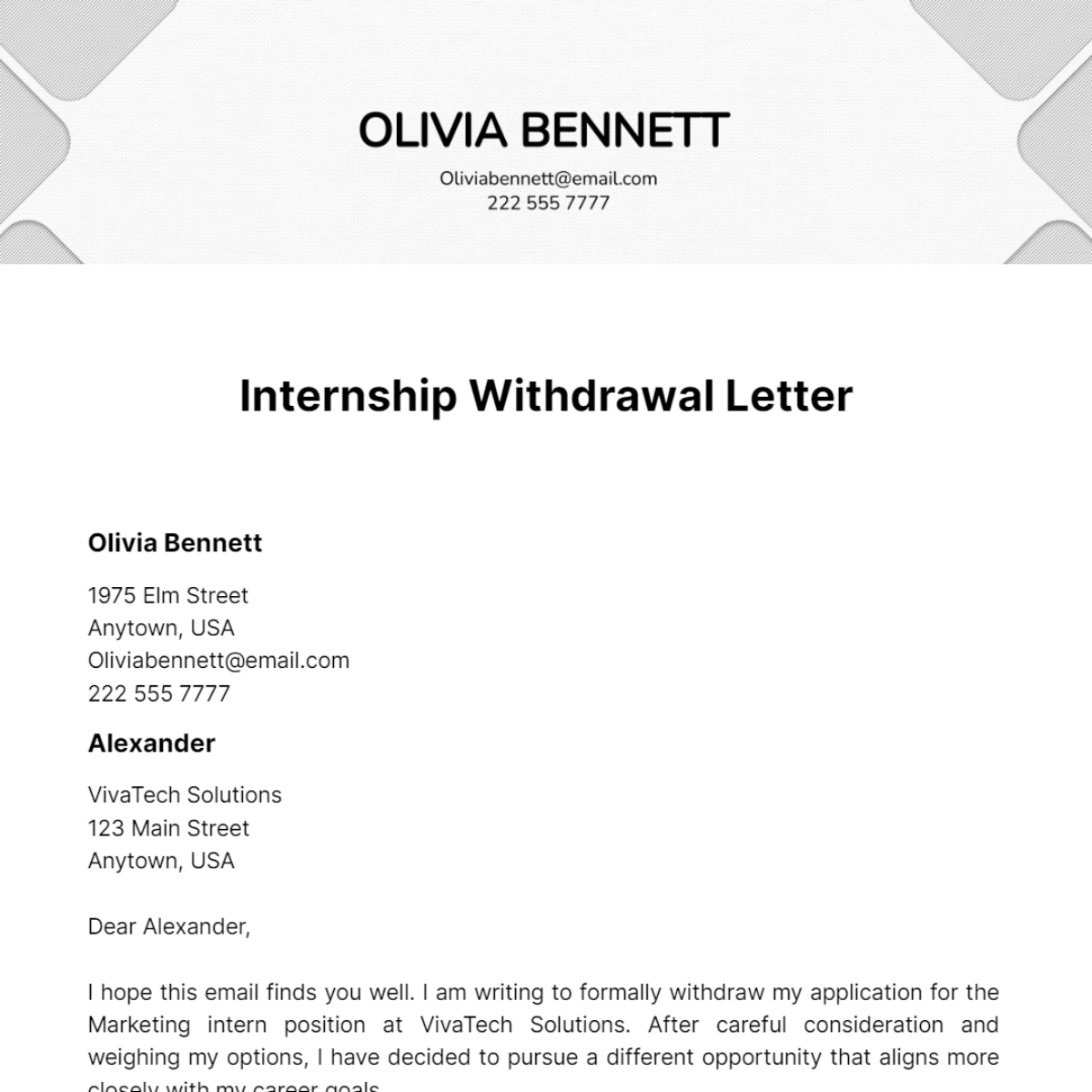 Internship Withdrawal Letter Template