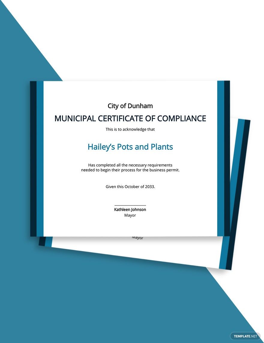 Municipal Certificate of Compliance Template in Word, Google Docs, PSD, Apple Pages