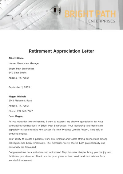 Free Retirement  Appreciation Letter Template to Edit Online