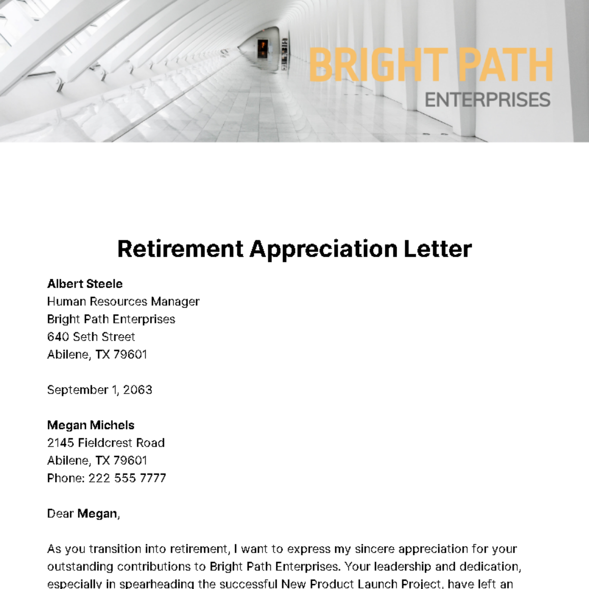 Retirement  Appreciation Letter Template