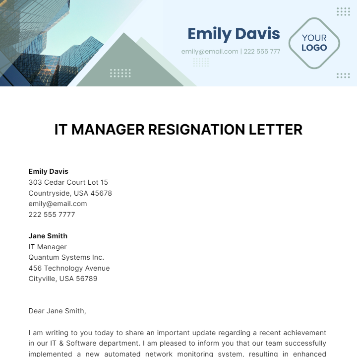IT Manager Resignation Letter Template