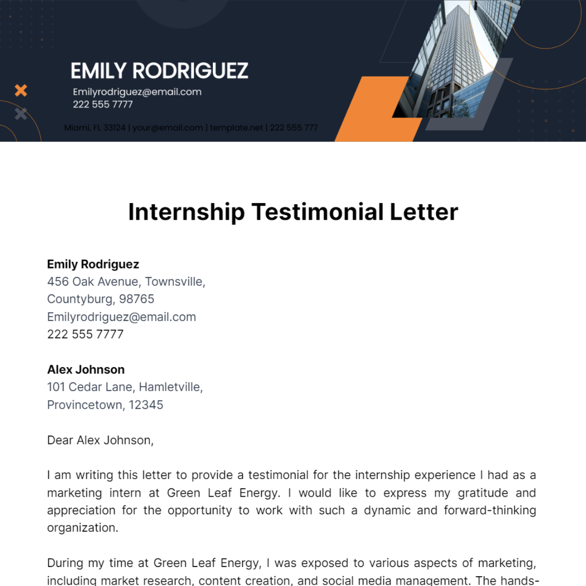 Internship Testimonial Letter Template