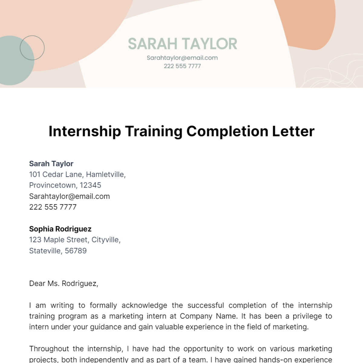 Internship Training Completion Letter Template